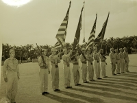 31 July 1947, Ft. Shafter, Oahu, T.H. Colors bearers once again bears the colors of the 442nd Infantry Regiment and the 100th Infantry Battalion upon its reactivation into the regular Army Reserve Corps at Fort Shafter.