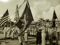 31 July 1947, Ft. Shafter, Oahu, T.H. Lt. General John E. Hull, Commanding General, AGFPAC, accepting the colors of the 442nd Infantry Regiment from Governor Ingram Stainback during the reactivation ceremonies of the 442nd Infantry Regiment into the regular Army Reserve Corps when was held at Fort Shafter.