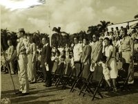 31 July 1947, Ft. Shafter, Oahu, T.H. Combat disabled veterans and families of the 442nd Infantry Regiment and the 100th Infantry Battalion, special guests of Lt. General John E. Hull, Commanding General, AGFPAC, observe the reactivation ceremonies of the 442nd Infantry Regiment into the regular Army Reserve Corps.