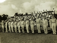 31 July 1947, Ft. Shafter, Oahu, T.H. Officers of the famed 442nd Infantry Regiment and 100th Infantry Battalion stands at attention after the reactivation ceremonies reactiving the regiment into the regular Army Reserve Corps.