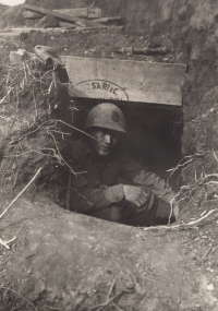 Stanley Hamamura in a Dugout in Anzio. Inscription: Anzio. Reverse: Inside Anzio Hotel [Courtesy of Fumie Hamamura]