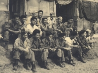 Back row:  Lt. Ambrose, Kazuo Sato, Stanley Kanno/2nd row:  Sam Setsu, Isami Hara, Conrad Kurahara, Kow Ito, Richard Murashige, Harry Fukushima/Front row:  Tom Matsumoto, ?, Toshio Funai, Paul Nishimuta, Ned Minamoto, Frank Wada, Mitsugu Eto - taken in Tombolo, Italy, Jul/Aug 1946, just before unit left for USA [Courtesy of Bernard Akamine]