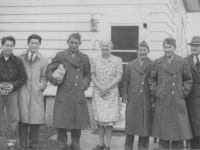 Robt. Dewa (?), ?, Rich Yoneshige, Ma Splinter, Sam Kitagawa, M. Kutara, Gramps George.  Taken 11-25-42 at Madison, Wisconsin.  [Courtesy of Ukichi Wozumi].