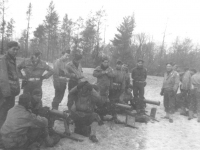 Mortar Platoon gathers around to practice firing. [Courtesy of Mary Hamasaki]