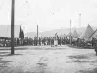 Soldiers line up for chow time in camp, Italy. [Courtesy of Mary Hamasaki]