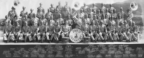 299th Infantry Band Schofield Barracks March 1941  Bottom row, left to right: Joseph Kwon, John Kauanoe, George Kaokua, Jitsuei Yoshida, Edward Kualaau (Maui), John Spencer (Hilo), Sonny Kauinana, Capt. Fred L. Hartman (Hilo), W.O. Richard J. Macedo, Dick “Sonny” Saunders, Solomon Kalima, Anthony Labrador (Hilo), Richard Leandro, William Kuhaiki, George Kane  Second row, left to right: Raphael Garcia (Co. G. Hilo), Manuel Joseph (H.Q. Co. Hon), Alfred De Coito (Hilo), Harry Pokini (Co. K. Molokai), Joseph Kaina, Komao Harada, Albert Puu (Maui), Ichiji Kuroda, Edward Holstein (Molokai), Herbert Loo, David Beckley, William Werner, Edgar Waiau (Co. M. Kauai), Henry Ferreira (Kauai)  Third row, left to right: Wilson Lee, Sam Maio (Co. D. Maui), James Kitashima (Co. C. Maui), Abel Correa (Co. A. Maui), Oseas Boloyot (Co. J. Kauai), Anderson Camara, Domingo Alborao (Co. D. Maui), Joseph Paahao, Sam Kamakea (Co. F. Hilo), “Big inner” ? (H.Q. Co. Hon), Joseph Pico (Co. B. Maui), Leslie Hanamaikai (Co. C. Maui), David Kama (Co. F. Hilo), August Rawlins (Co. K. Molokai), Moses Palama  Top row, left to right: Elias Medina (Co. M.Kauai), Manuel Lerma (Co. H. Hilo), Joseph Tolentino (Co. A. Maui), Frank Noeva (Co. B. Hilo), Henry Koani (Co. I. Kauai), Miguel Maldonaldo (Co. H. Hilo), James Kahooilihala (Co. E.  Hilo), J. Nahooikaika (Co. F. Hilo) [Courtesy of Mike Harada]