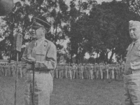 Brig. Gen. Sultan, Lt. Col. Stevens, Col. Ross,  March 1941 299th Inf. in background. [Courtesy of Mike Harada]