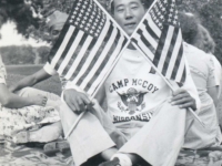 Bert Yamamoto, a member of the 100th Division of Hawaiian soldiers wearing his Camp McCoy sweat shirt. [Courtesy of Monroe County Local History Museum, Sparta, Wisconsin. Jarrod Roll, Director. Jan 8, 2019]