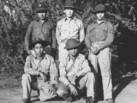 Company I at Barking Sands. Top:  Yoshito Ando, Norman Fujisue, unidentified officer, Bottom:  James (Chibana) Higa, unidentified  [Courtesy of Kenneth Higa]