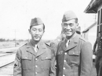 Oversize polly and me- McCoy, Sta. Polly (Yutaka Kawasaki relative?), ( R) Tom Ibaraki. [Courtesy of Dorothy Ibaraki]