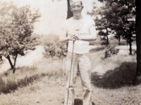 (1942) Eugene Kawakami golfing with friends from the 100th Infantry Battalion in West Salem, Wisconsin, in his bare feet.  [Courtesy of Joanne Kai]