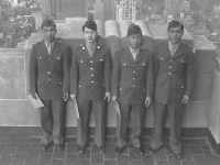 Taken on top of the Empire State Building. We are on top of the world, Ha! Ha! Sgt. Kaneshiro, S/Sgt Mike Miyaki, Masayoshi Miyagi, Corp. Joe Takata. [Courtesy of Leslie Taniyama]