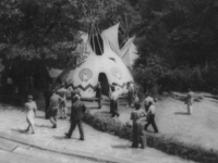 Taken August 9, 1942 at Wisconsin Dells, Wis. Stand Rock second stop on tour Indian Village-Foreground shows audience seats for ceremonies.  [Courtesy of Jan Nadamoto]