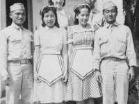 Taken August 9, 1942.  Two girls in middle are Indian girls.  They work in the restaurant right in back.  Their names are left to right:  Eunice White and Rosa Dixon (English names) pretty light complexion with a tinge of red (slightly).  [Courtesy of Jan Nadamoto]