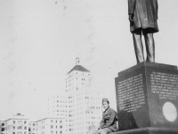 Fred Kanemura by Statue of Lincoln facing Milwaukee, Wis Sept. 1942.  [Courtesy of Jan Nadamoto]