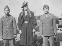 Taken Sept. 1942 at Mitchell's Park Milwaukee, Wis.  She is a correspondence friend of the guy on the right. Nice and broad minded person.  Very kind to show us around.  Mrs. Novais (nurse).  [Courtesy of Jan Nadamoto]