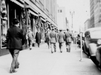 Strolling down street in St. Paul, Minn.  I'm in the middle. Oct. 3, 1942.  [Courtesy of Jan Nadamoto]