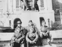 Taken Oct. 12, 1942 at Wisconsin U.  L to R, first row-Chonichi Shimabuku, Takechi Tanabe. Rear. Myself, George "Dopey" Kurakabe, Yukio Yokota.  We saw Ohio State-Wisconsin Game thid day - 17-7  favor Wisconsin U.  [Courtesy of Jan Nadamoto]