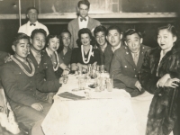 Reading from Left to Right: Isao Nadamoto, Richard S. Ogura, "Pinkie" Sui Pin Chun, Yasui, Kay Cerney, James Kawashima, George "Dopey" Kurakake, George Yamamoto, Stella Young, Back of Kay Carney is her brother Charley Carney (standing). They were a dance team in the floor show presented.  Young and pretty well known.  Taken At Greenwich Village Inn night club on November 22, 1942 (Sunday night life (or rather Monday morning I should say at about 3:00 a.m. or a little later.  [Courtesy of Jan Nadamoto]