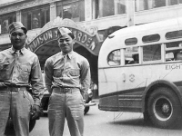 Ray Nosaka and Larry Amazaki on leave in front of Madison Square in New York City.   [Courtesy of Raymond Nosaka]