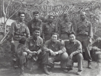 1st Row, l-r: Albert Oki, Issac Akinaka,  Edward Saito. 2nd Row,  l-r: Akiyoshi Kuriyama, Hidenobu Hiyane, James  Horikoshi, James Oki, David Suzuki. Civitavecchia 1944, Headquarters Gang. [Courtesy of Fumie Hamamura]