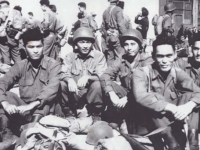 l-r: Hidenobu Hiyane, Stanley Hamamura,  Lawrence Iwamoto,  Seiji Kimura, Oshita, On Day we Arrived in Marseille, France 1944 [Courtesy of Fumie Hamamura]