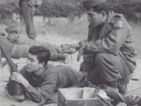 Higuchi and Tad Ohta on the firing range in Pisa, Italy. [Courtesy of Fumie Hamamura]