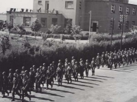 Soldiers practice marching for a parade in Novi Lingure, Italy, 1945. [Courtesy of Fumie Hamamura]