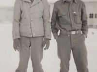 Stanley Hamamura and friend in winter at Camp McCoy. [Courtesy of Fumie Hamamura]