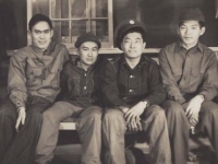 Kimura - Kuriyama - Akinaka - Hamamura Shelby. Reverse: Taken at night in our barracks just after coming here in Jan. Camp Shelby, Miss. Jan. ‘43. [Courtesy of Fumie Hamamura]