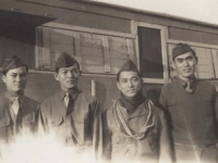 Camp Shelby - Radi Operators 1-43. Reverse: Four Stooges - All radio operators. Camp Shelby, Miss. Taken before retreat formation Jan. ‘43. [Courtesy of Fumie Hamamura]