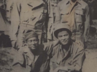 Stanley Hamamura, Fred Hosokawa, Seiji Kimura, and H. Hiyane in bivouac area in Italy. [Courtesy of Fumie Hamamura]