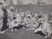 Stanley Hamamura and soldiers waiting for the boat ride to France in Piombino, Italy, 1944. [Courtesy of Fumie Hamamura]