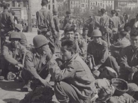 Waiting for the troop ship to Naples and Marseilles in Piombino, Italy 1944. [Courtesy of Fumie Hamamura]