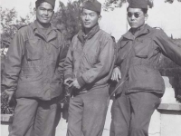 Stanley Hamamura, Seiji Adaniya, and Toshimi Sodetani in France, 1944. [Courtesy of Fumie Hamamura]