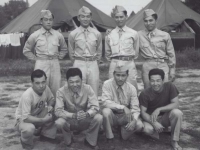 Yasui, Stanley Hamamura, Motoishi, Sekiya, Kashiwabara, Muranaka, Inouye, and Takahashi at Camp McCoy in July 1942.  [Courtesy of Fumie Hamamura]