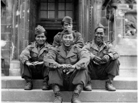 Jimmy Inafuku (far left) and friends in Milan, Italy, June 1945 [Courtesy of Carol Inafuku] Inscription: Milan June 1945