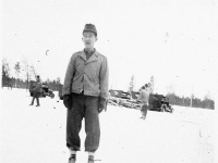 James Kawashima on ice skates in an ice rink at Camp McCoy, Wisconsin, December 7, 1942 [Courtesy of Alexandra Nakamura] Inscription: In Our Ice Rink, December 7, 1942