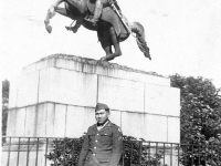 Tokuji Ono in uniform standing at the base of a statue of Andrew Jackson in Jackson Square, New Orleans [Courtesy of Leslie Taniyama] Inscription: Reverse: Dec. ‘42 New Orleans Jackson Square