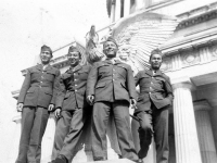 A. Nozawa, H.Wozumi, T.Shirai, Hirasuna at the base of eagle statue at Grant’s Tomb [Courtesy of Leslie Taniyama] Inscription:Reverse: N.Y. Oct. 1942 A. Nozawa, H. Wozumi, “Fundi” T. Shirai, H.N. HIrasuna. Gran’ts Tomb