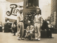 New York City, July 8, 1943. Taken in front of Father Duffy statue - PFC Stew Yoshioka, Sgt. Eddie Kiyota, Sgt. Shimogaki.  (Courtesy of Alvin Shimogaki)