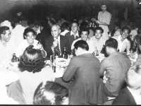 Yamada, Inouye, Col. Turner, Matsuo, Sumida, Oshiro at a party after the war.  Shoyu Teahouse 1946. L to R: Hifumi Yamada, Yutaka Inouye, Col. Turner, Fred Matsuo, Leighton Sumida, Paul Oshiro. Back to Camera: Takeo Takahashi, Ernest Sasaki [Courtesy of Goro Sumida]