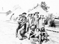 Men of Company B model their fatigues at Camp Shelby. [Courtesy of Mrs. William Takaezu]