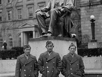 Kutara Masaji, Yone Rich, and Sume Shigeyuki stand in front of a statue of President Lincoln in Madison, Wisconsin [Courtesy of Ukichi Wozumi]