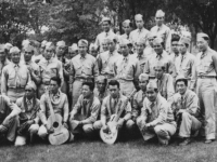 The 100th baseball team, accompanied by their own musicians, played other teams in Wisconsin while the battalion was stationed at Camp McCoy. (Courtesy of Kazuto Shimizu)