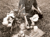 Mrs. Ushi Nakamine offering tangerines for her son, Shinyei, at the Punchbowl Cemetary (Courtesy of Anita Korenaga)