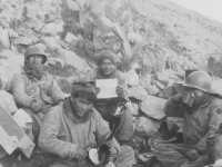 442nd Photo.  France.  Taking a break.  Left:  Shigero Otkuuke Hilo.  [Courtesy of Herbert Sueoka]