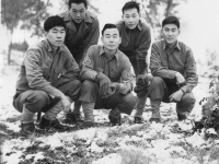 Sept 26,1942. Camp McCoy. Y Squad  L. to R. Back Row  Yasuo Yasui Donald Nagasaki. Front Row - T. Okumura, Me, I. Inouye. [Courtesy of Leslie Taniyama]