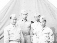 S. Kamasato; Paul Asato; bottom: Jeorge Yamashiro; Me. All stick together like Bread and Butter 7-26-42 Camp McCoy Wisc. [Courtesy of Carl Tonaki]