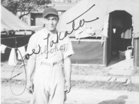 Joe Takata in his Aloha baseball uniform at Camp McCoy, Wisconsin, 1942. [Courtesy of Velma Nakahara]